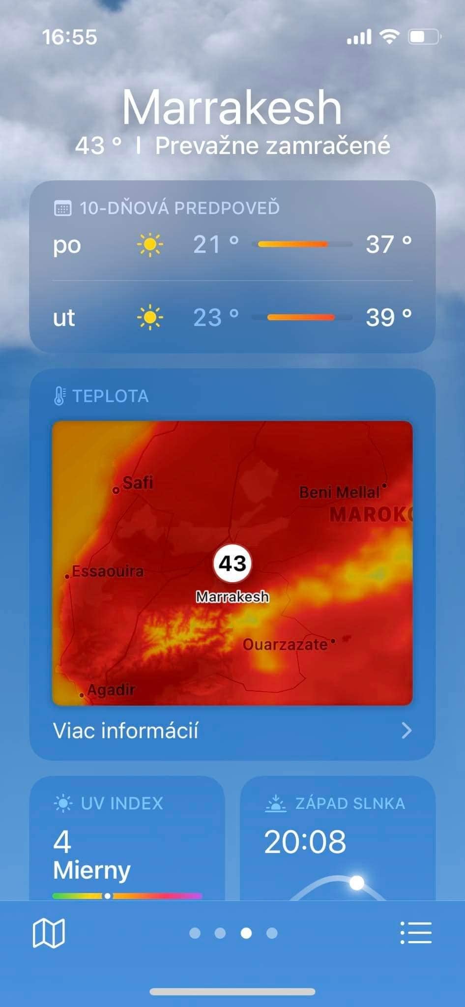 Fotka z aplikácie počasie, ktorá ukazuje, že v Marrákeši je 43°C.
