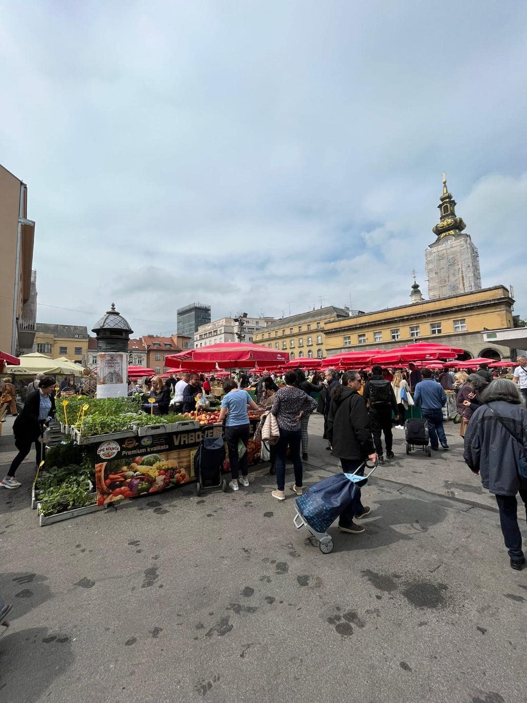 Najväčší predaj ovocia, zeleniny, mäsa a rybacích výrobkov v Záhrebe na Dolac Markete. Všetky stánky majú červené dáždniky a v pozadí je kostol.