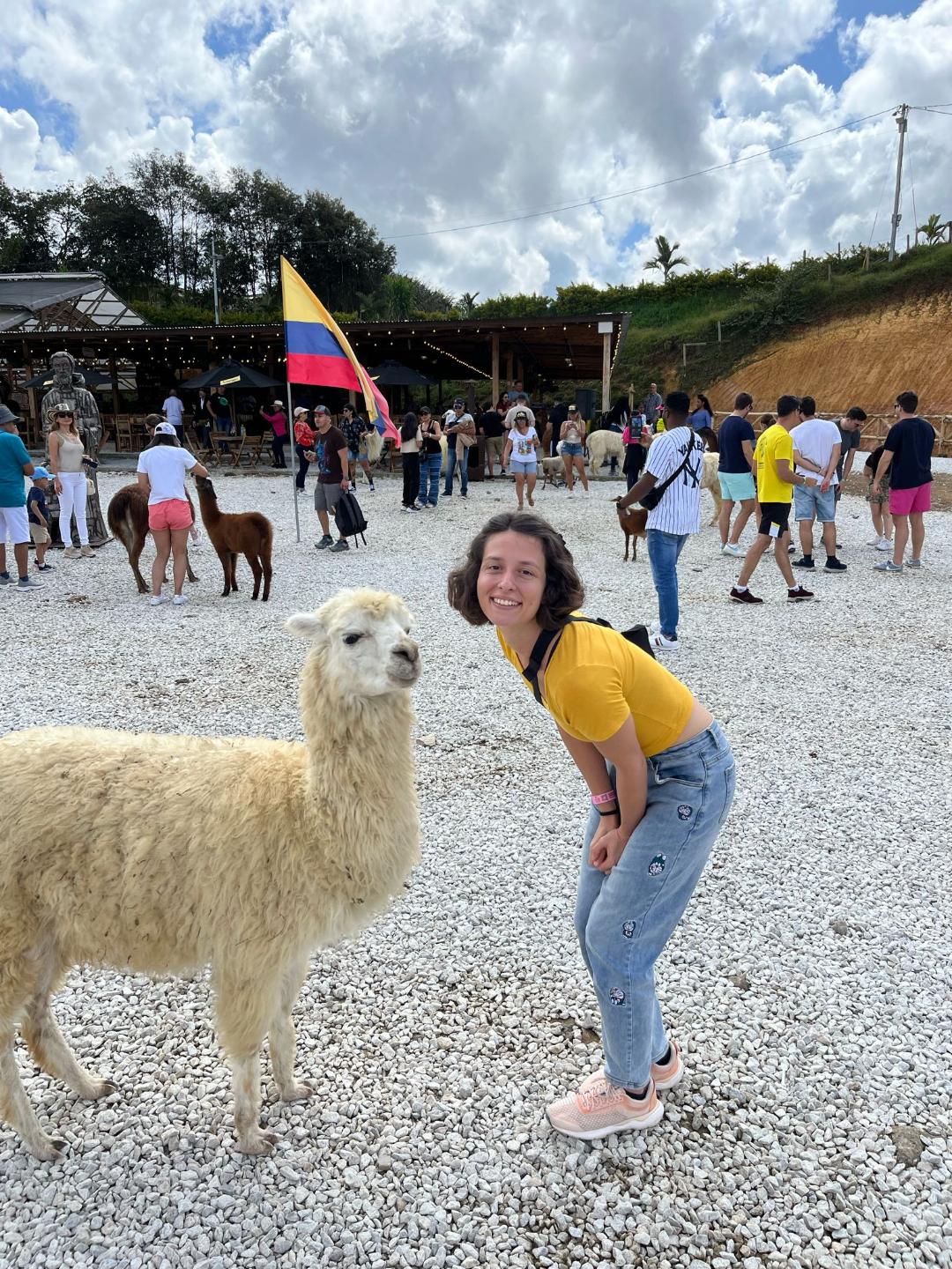 Dievča pózuje s lamou. Za nimi sú turisti a kolumbijská vlajka.
